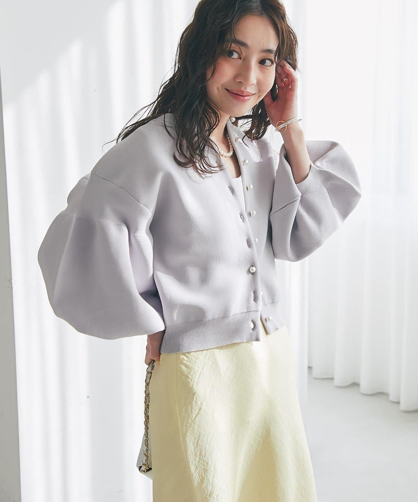 泡泡袖珍珠裝飾針織開衫