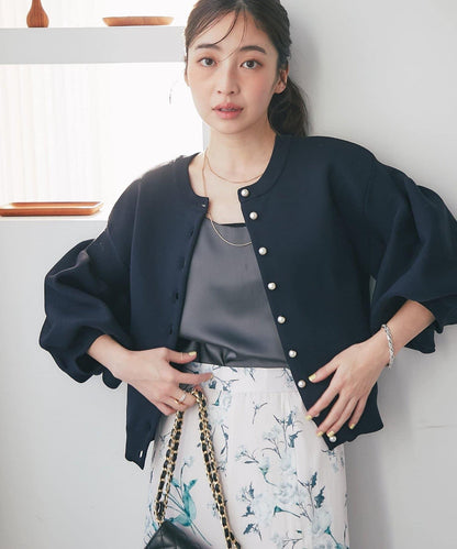 泡泡袖珍珠裝飾針織開衫