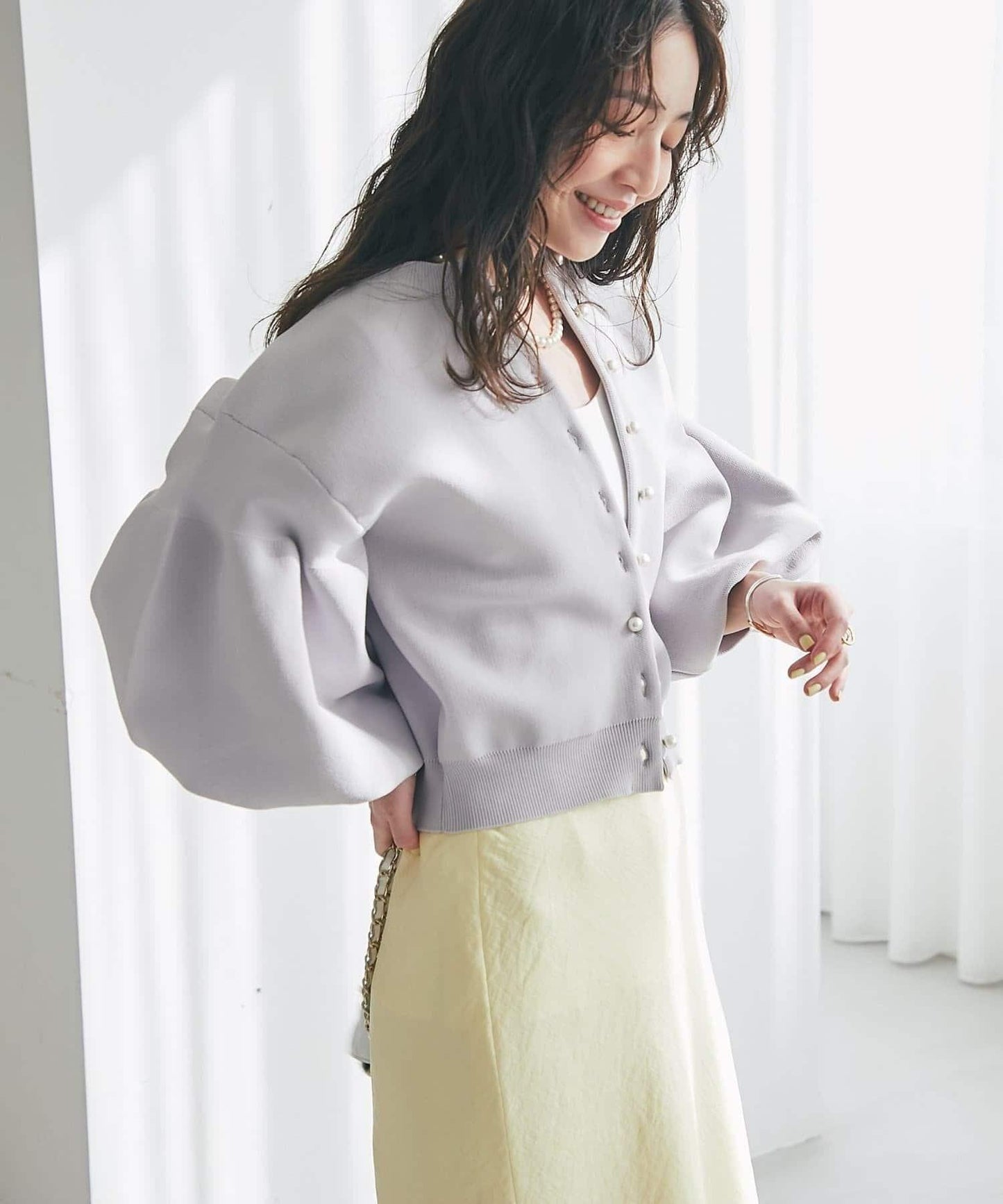 泡泡袖珍珠裝飾針織開衫