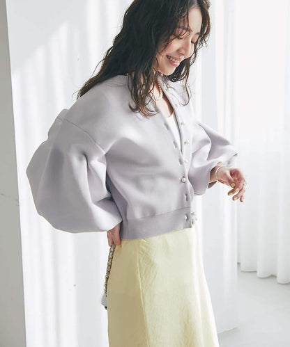 泡泡袖珍珠裝飾針織開衫