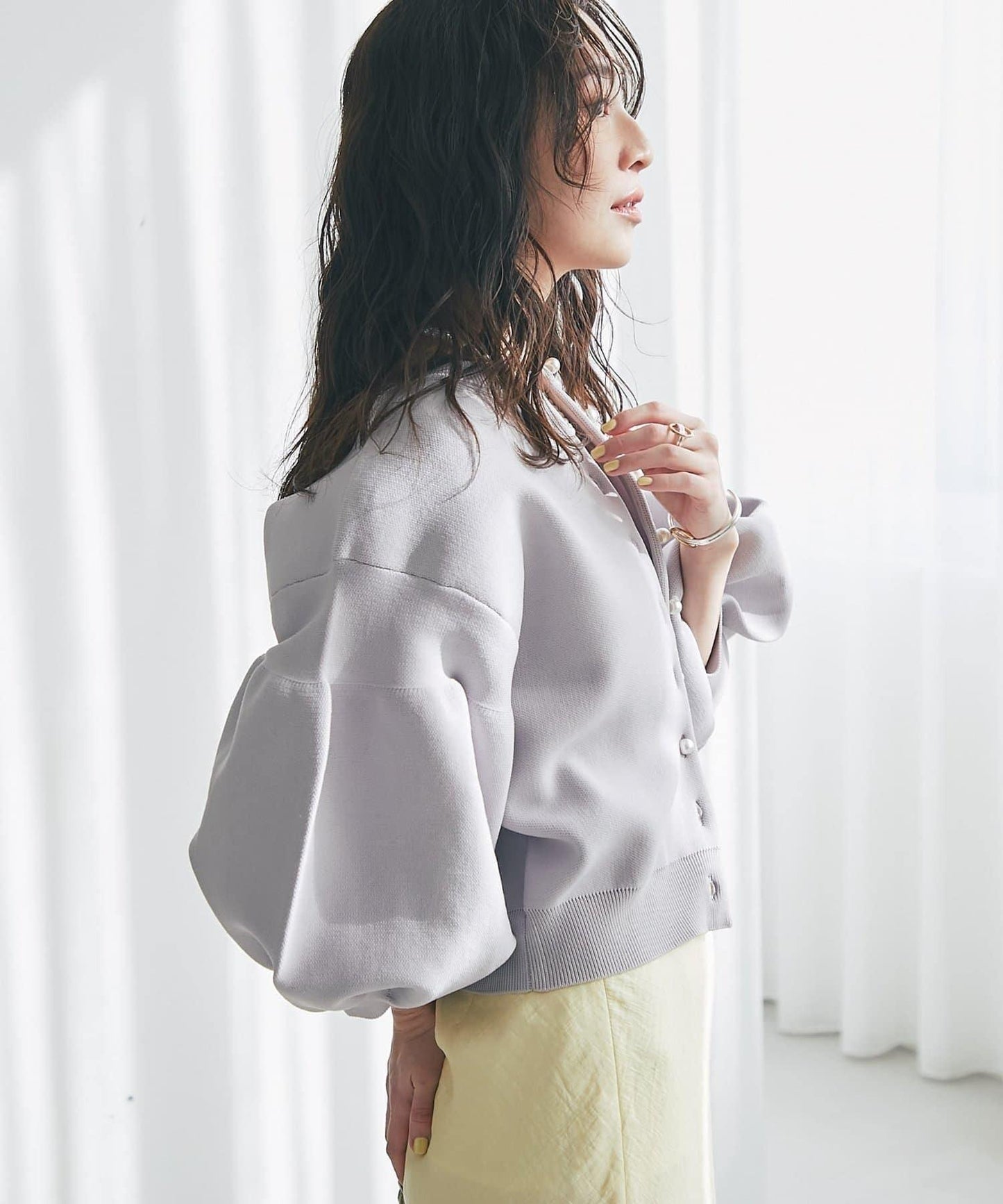 泡泡袖珍珠裝飾針織開衫