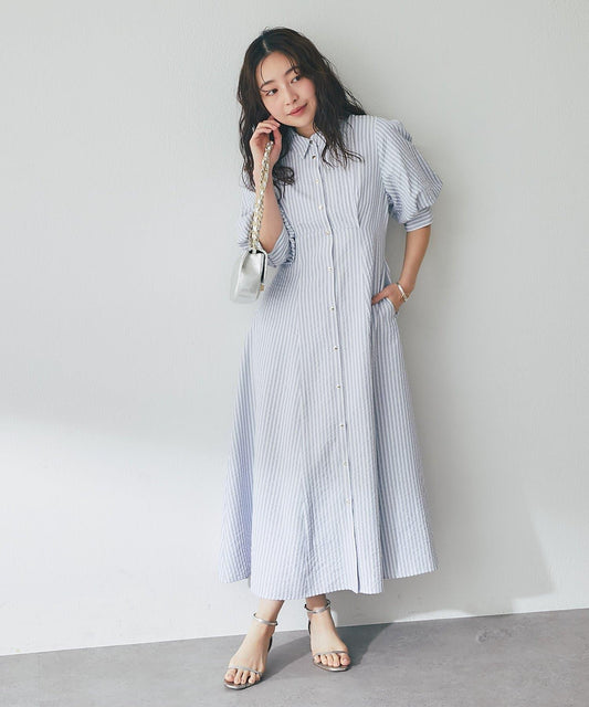 sana監修 條紋傘擺設計 襯衫連衣裙