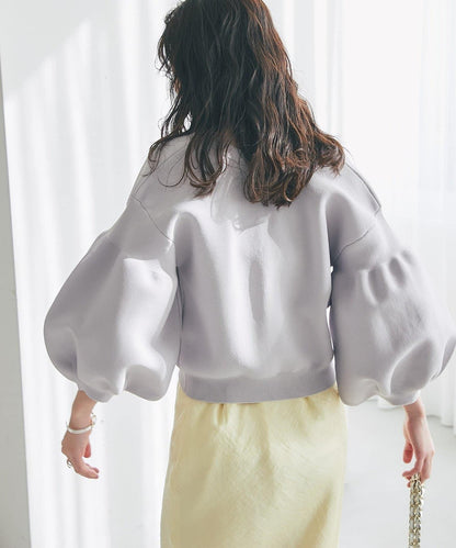 泡泡袖珍珠裝飾針織開衫