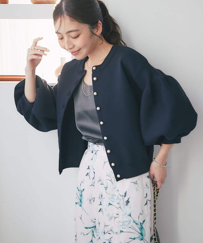 泡泡袖珍珠裝飾針織開衫