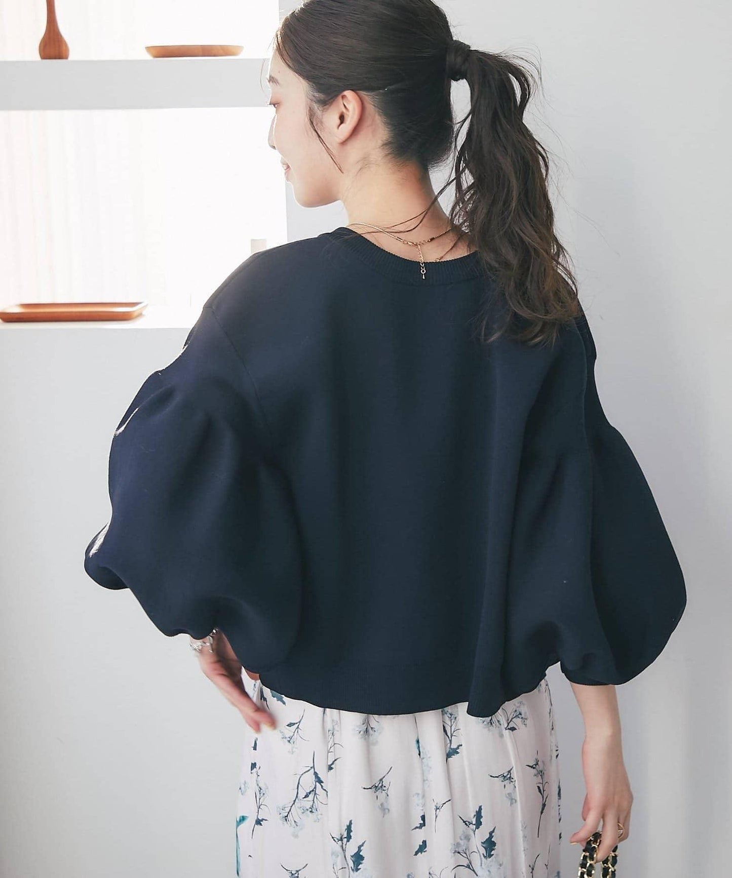 泡泡袖珍珠裝飾針織開衫