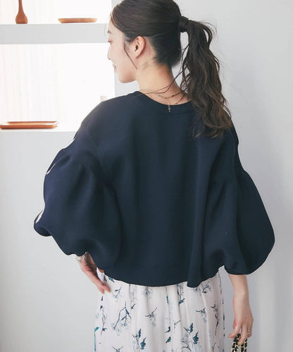 泡泡袖珍珠裝飾針織開衫