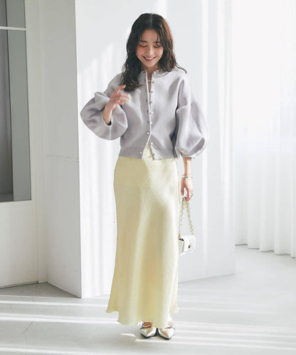 泡泡袖珍珠裝飾針織開衫