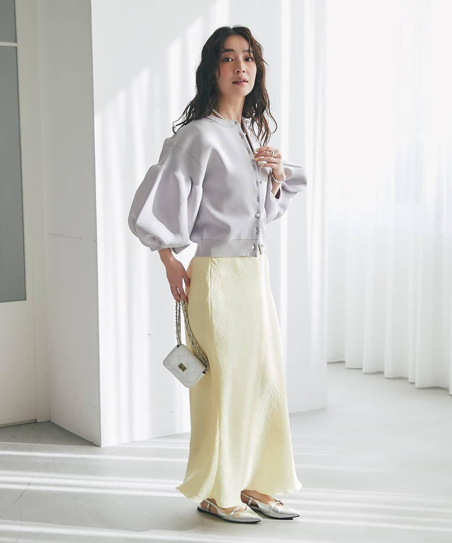 泡泡袖珍珠裝飾針織開衫