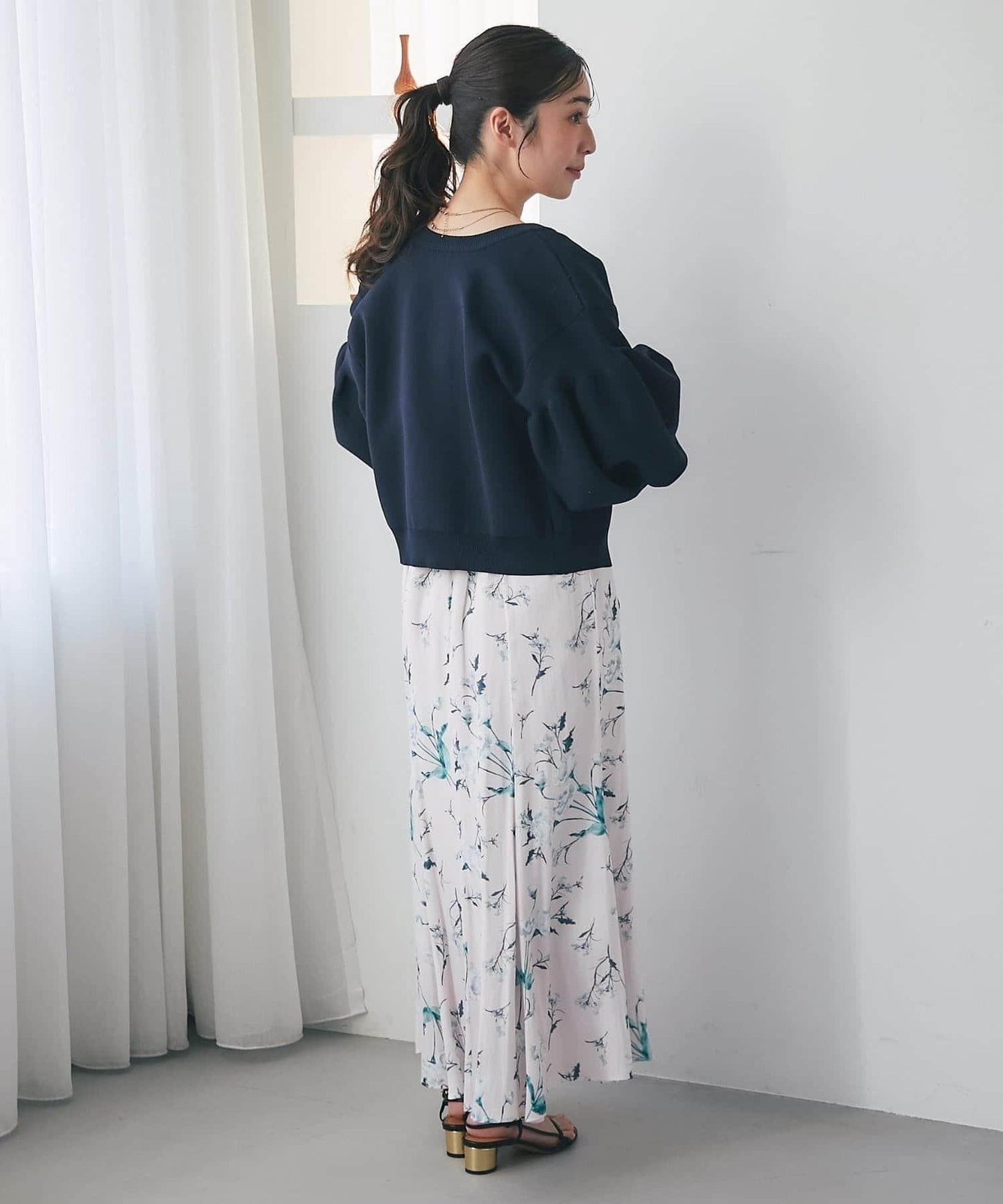 泡泡袖珍珠裝飾針織開衫