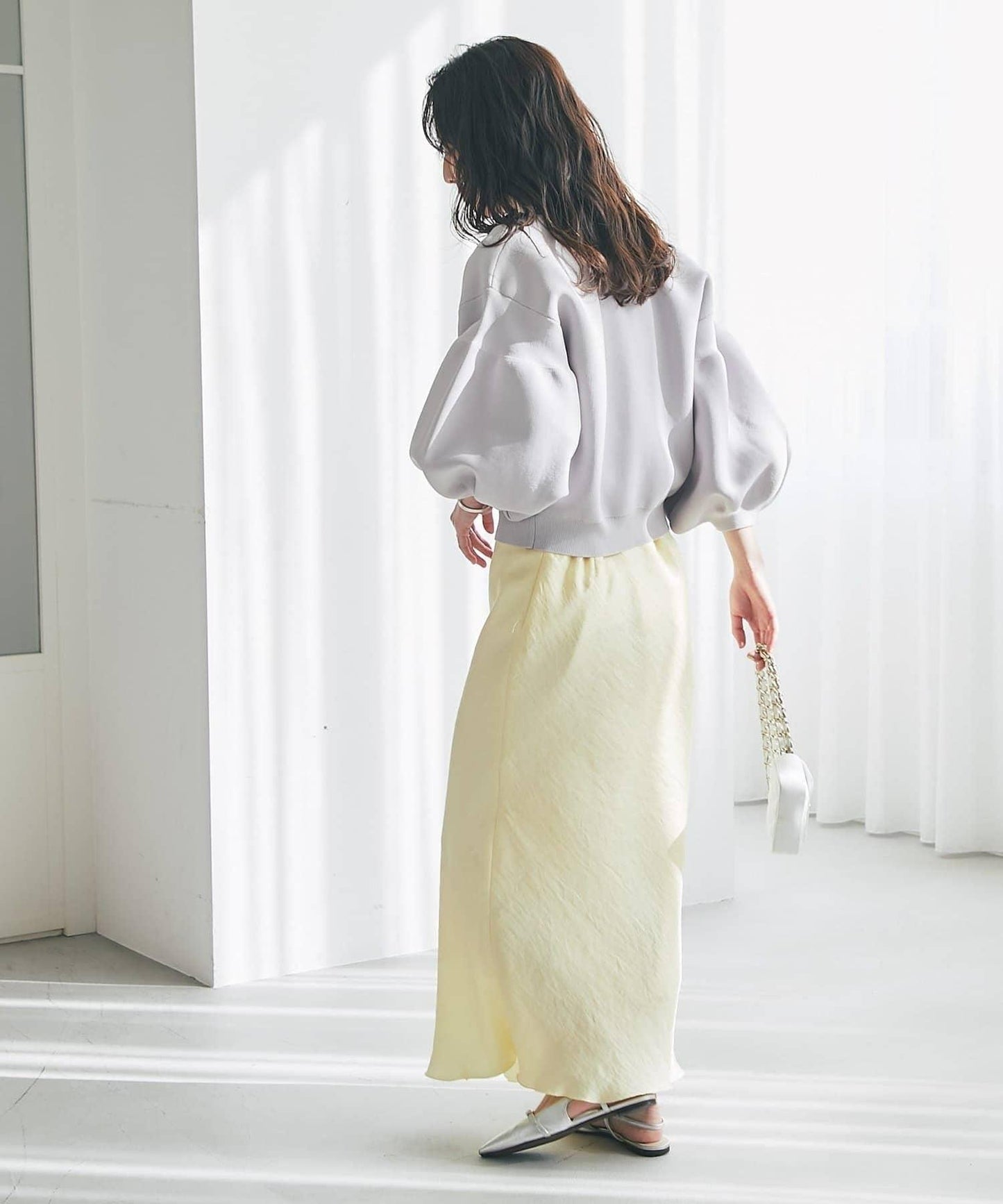 泡泡袖珍珠裝飾針織開衫