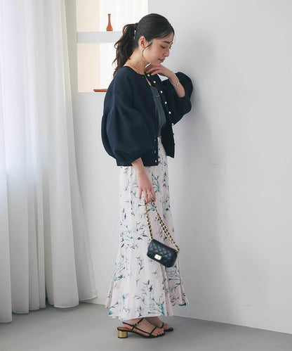 泡泡袖珍珠裝飾針織開衫