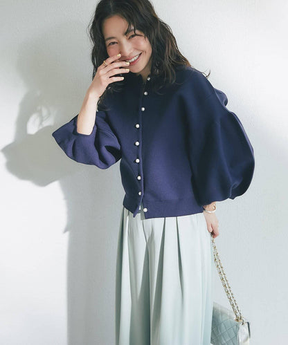 泡泡袖珍珠裝飾針織開衫