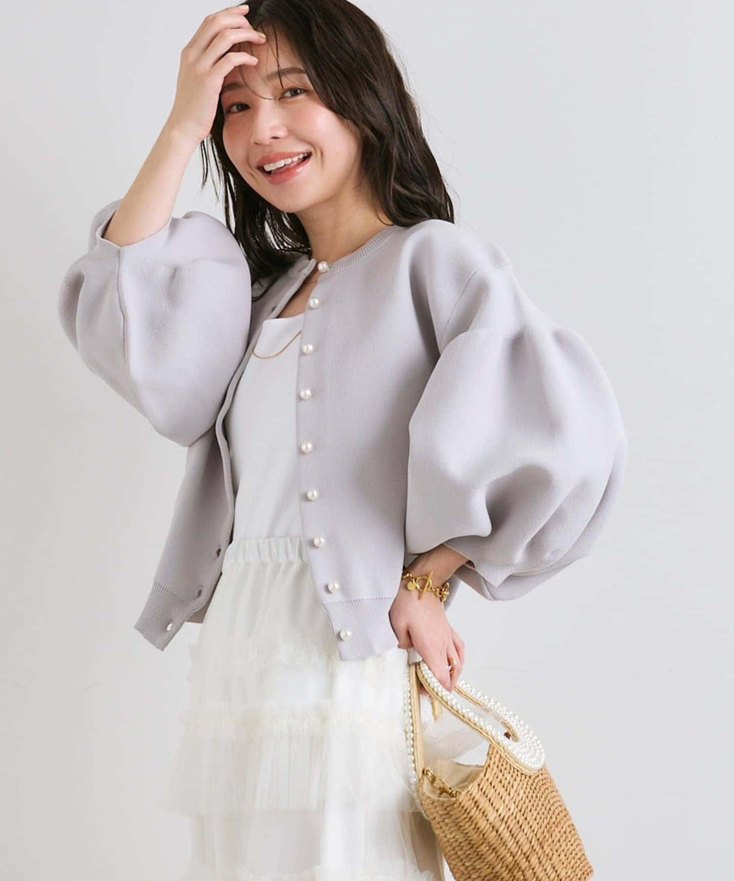 泡泡袖珍珠裝飾針織開衫