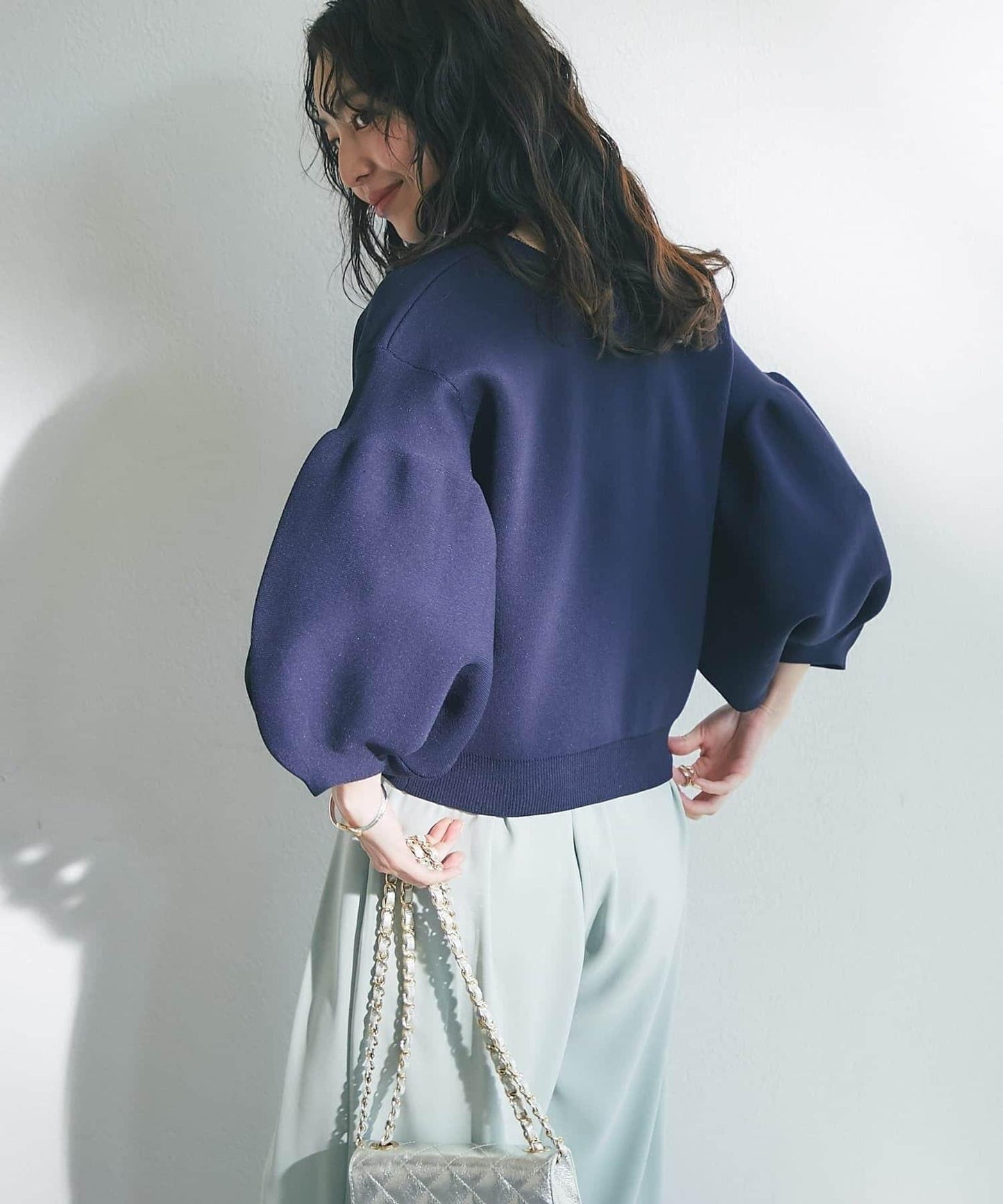 泡泡袖珍珠裝飾針織開衫