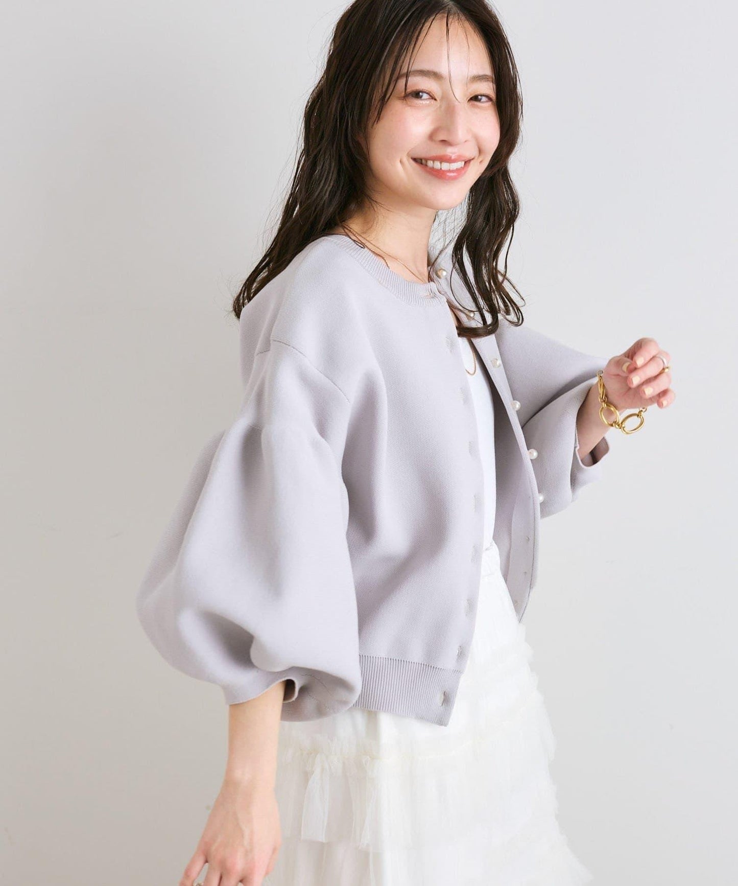 泡泡袖珍珠裝飾針織開衫