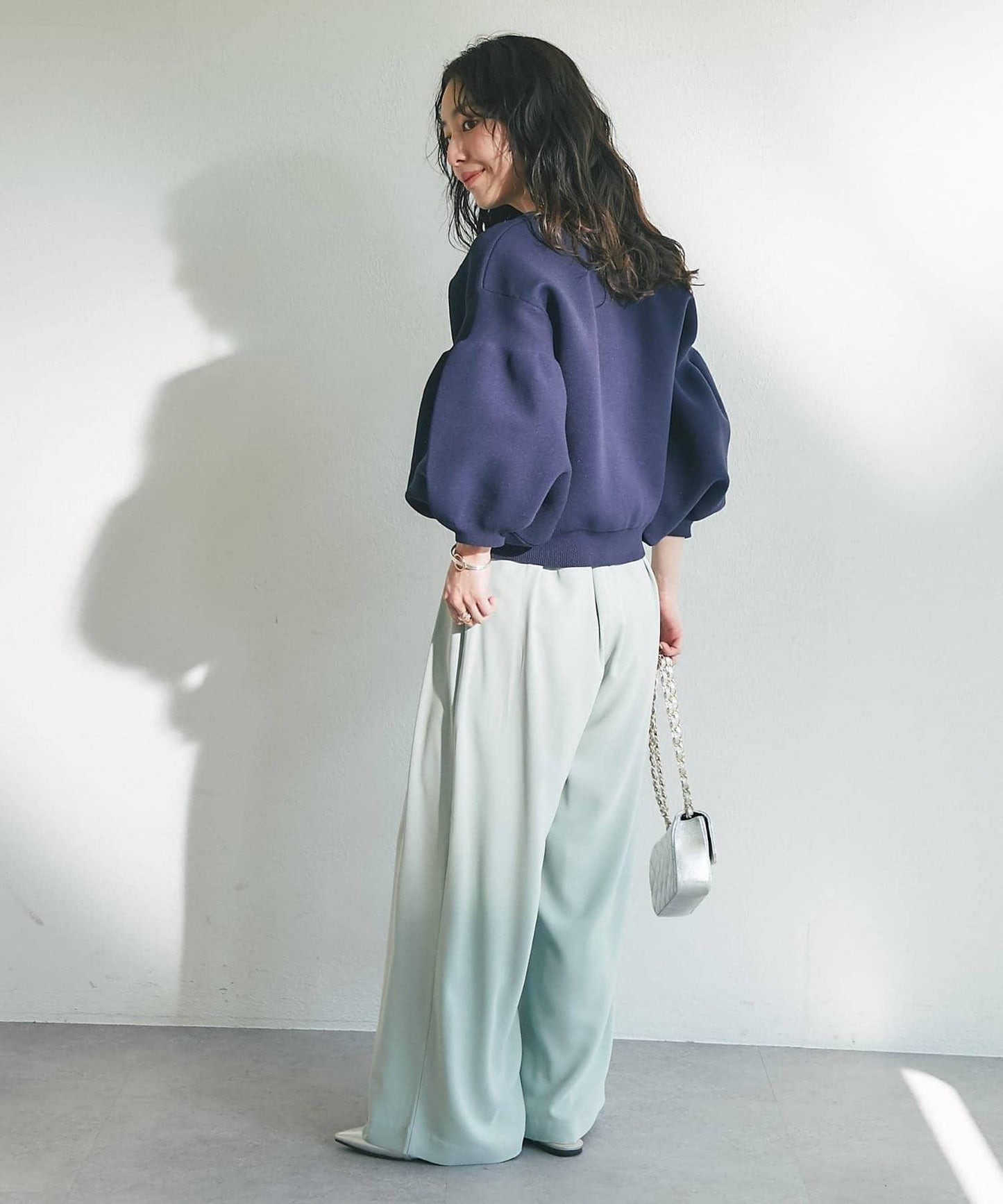 泡泡袖珍珠裝飾針織開衫