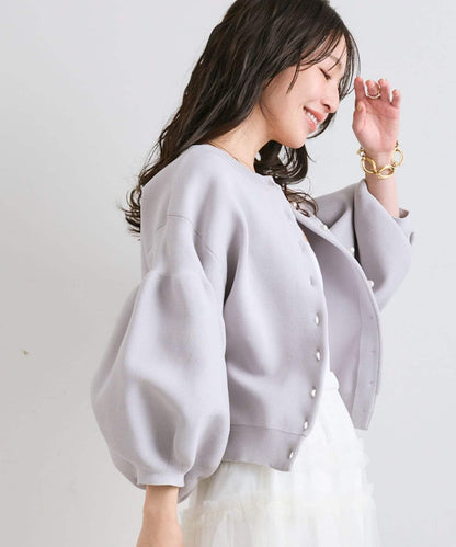 泡泡袖珍珠裝飾針織開衫