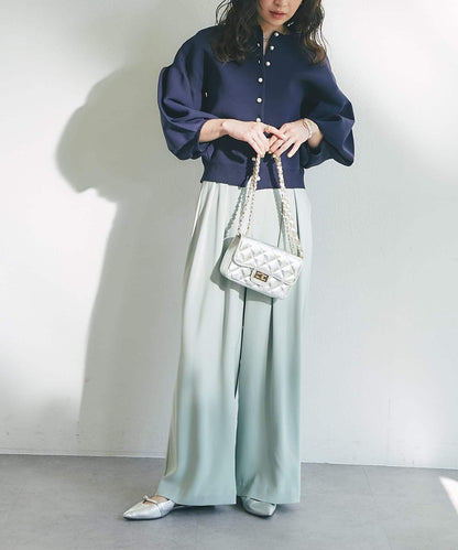 泡泡袖珍珠裝飾針織開衫