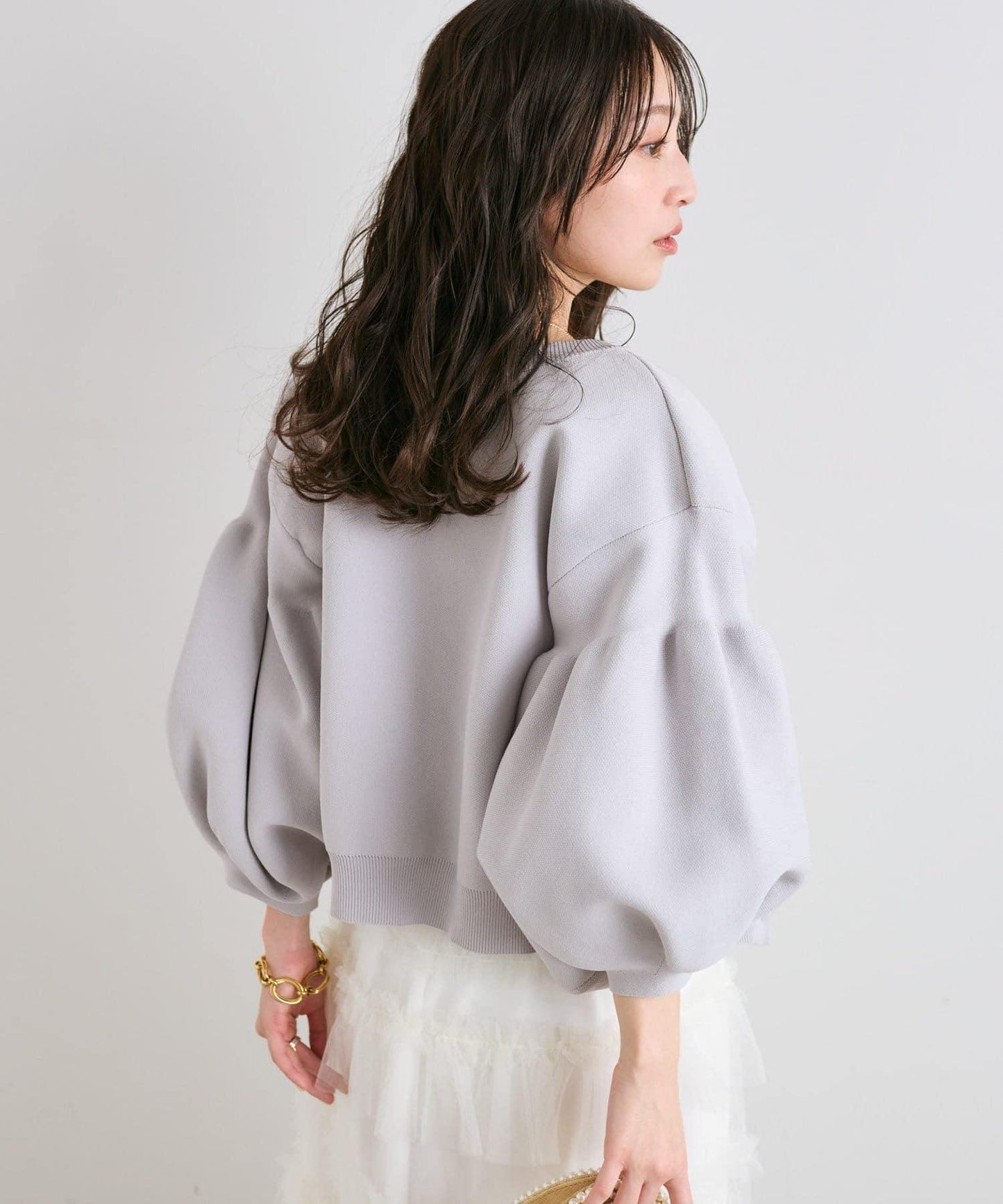 泡泡袖珍珠裝飾針織開衫