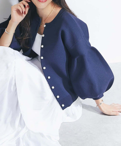 泡泡袖珍珠裝飾針織開衫