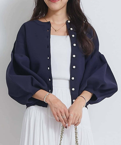 泡泡袖珍珠裝飾針織開衫