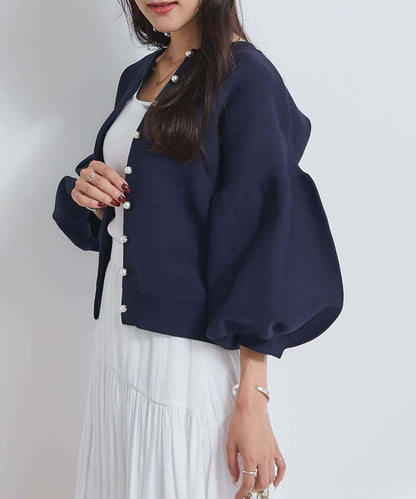 泡泡袖珍珠裝飾針織開衫