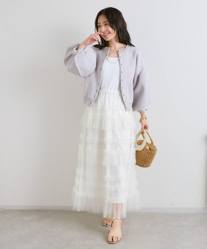 泡泡袖珍珠裝飾針織開衫