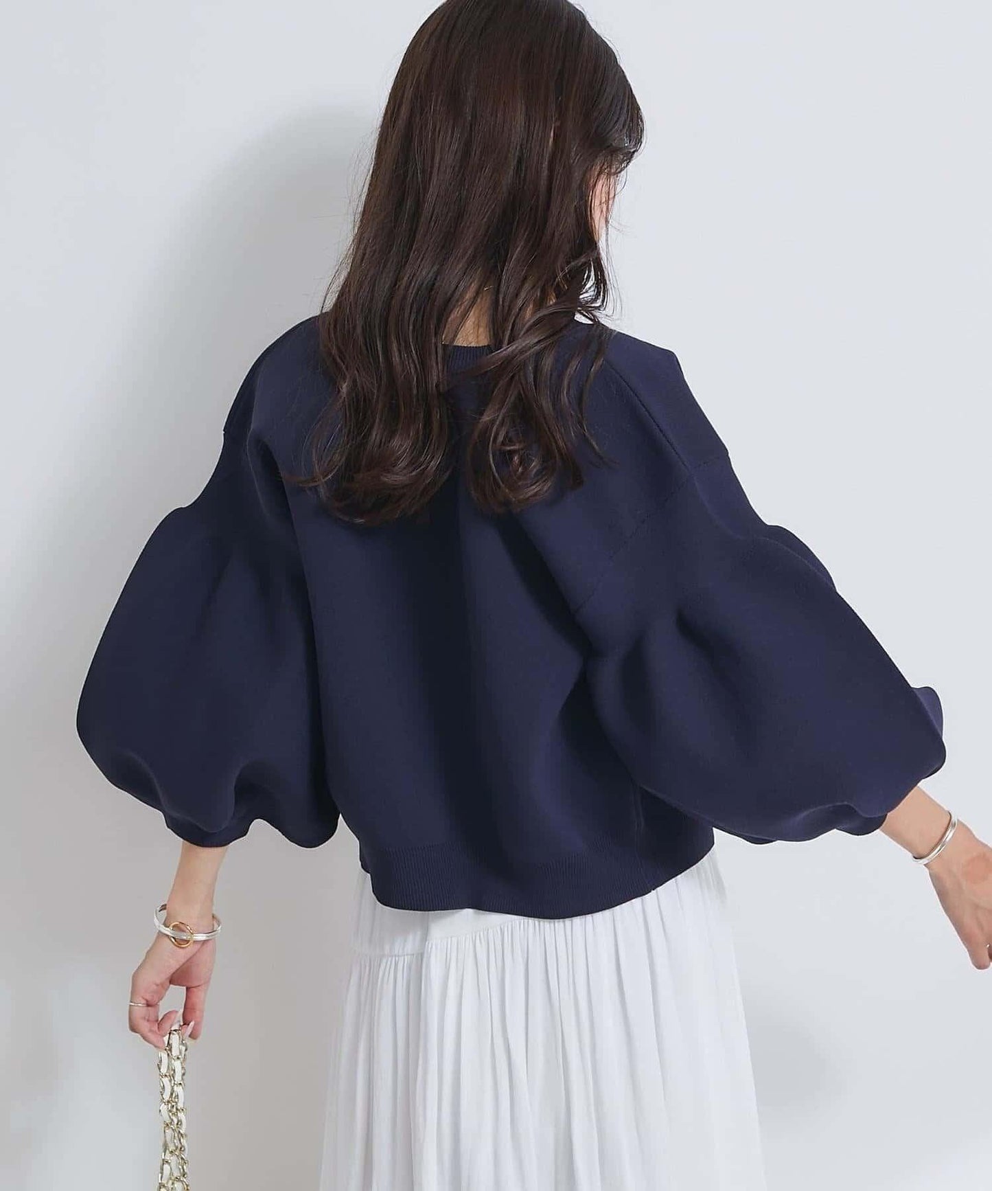 泡泡袖珍珠裝飾針織開衫