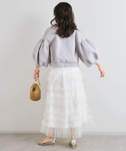 泡泡袖珍珠裝飾針織開衫