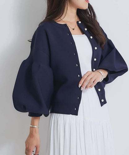 泡泡袖珍珠裝飾針織開衫