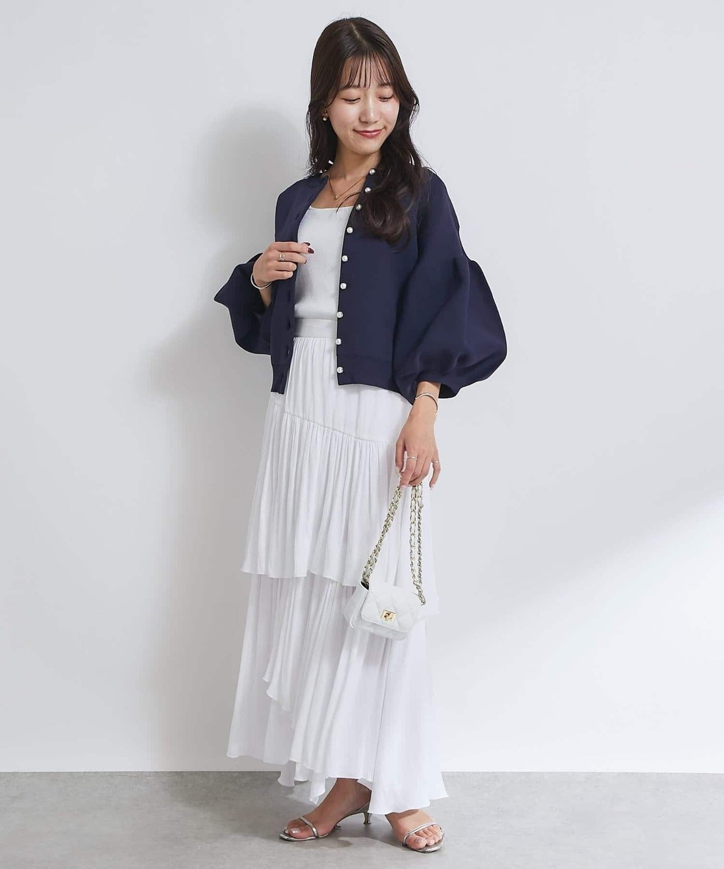 泡泡袖珍珠裝飾針織開衫