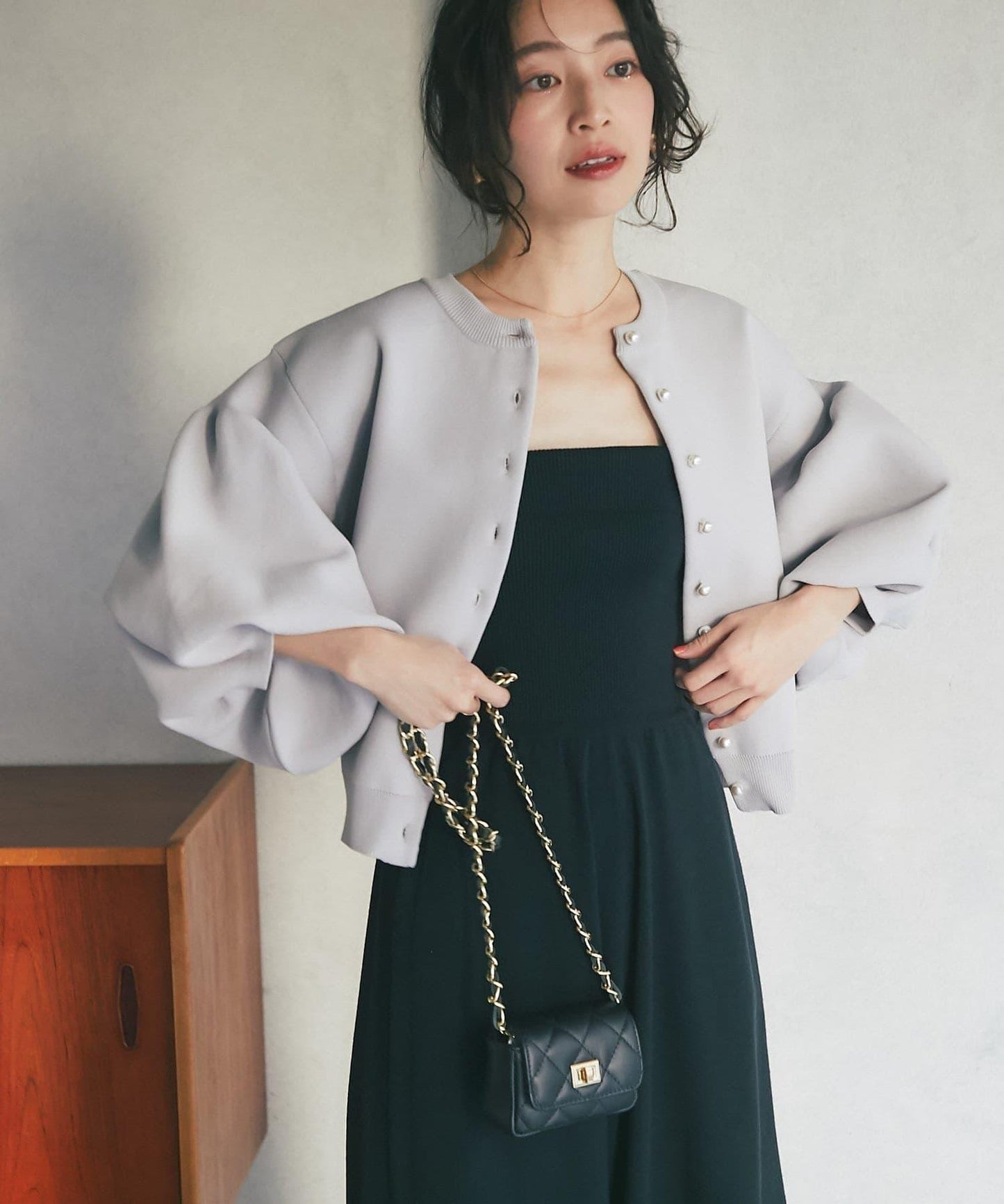 泡泡袖珍珠裝飾針織開衫