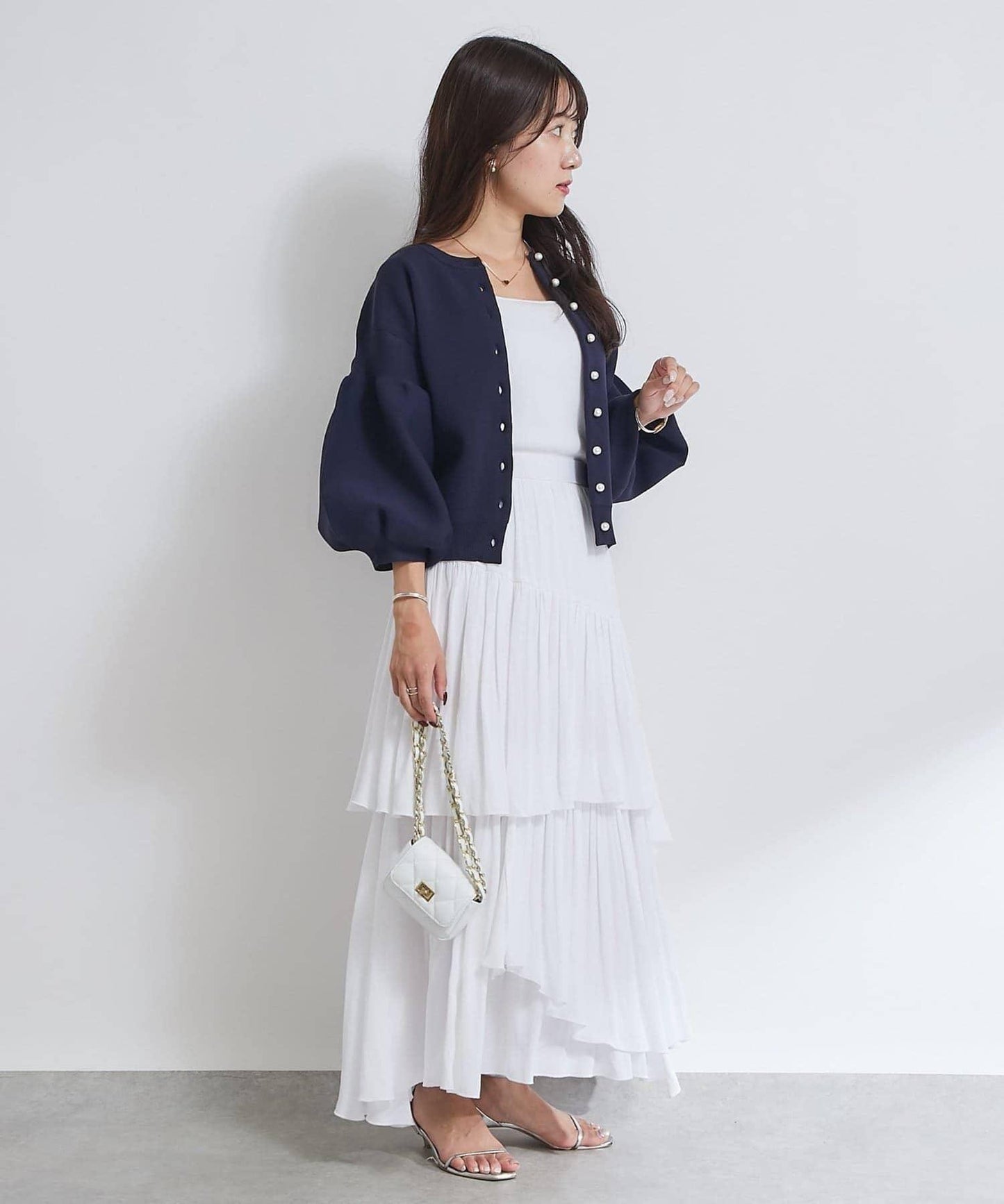 泡泡袖珍珠裝飾針織開衫