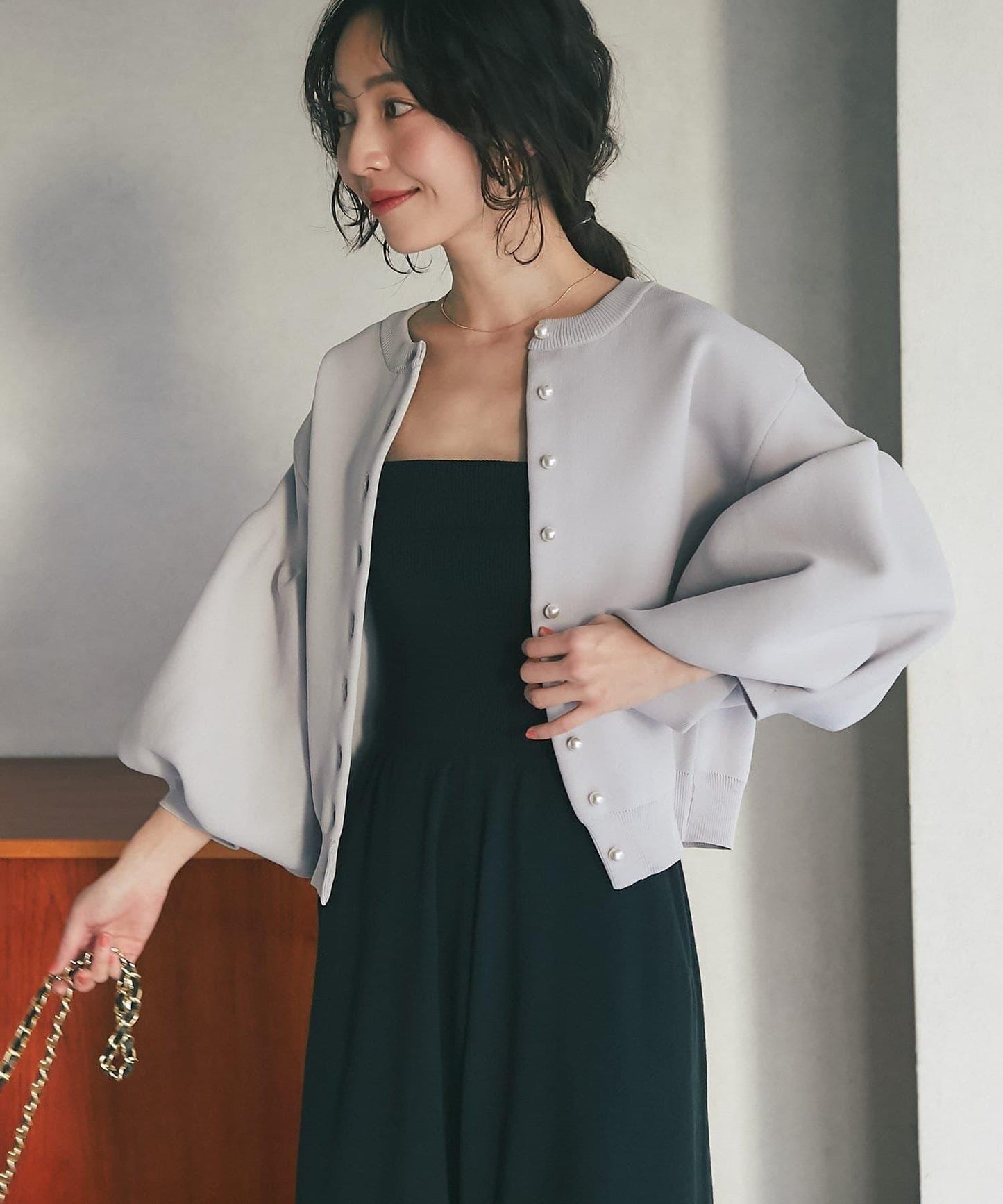 泡泡袖珍珠裝飾針織開衫