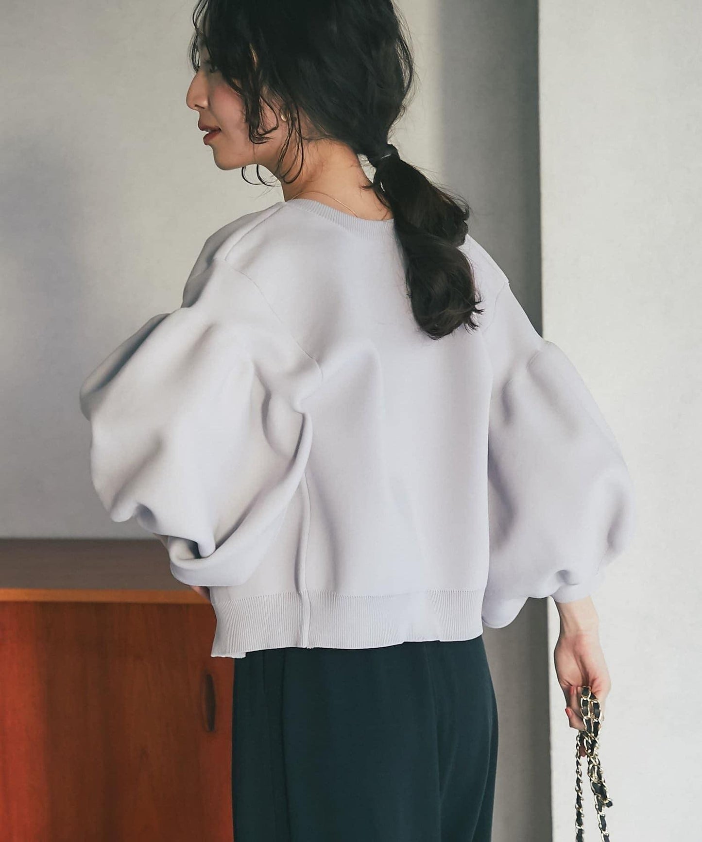 泡泡袖珍珠裝飾針織開衫