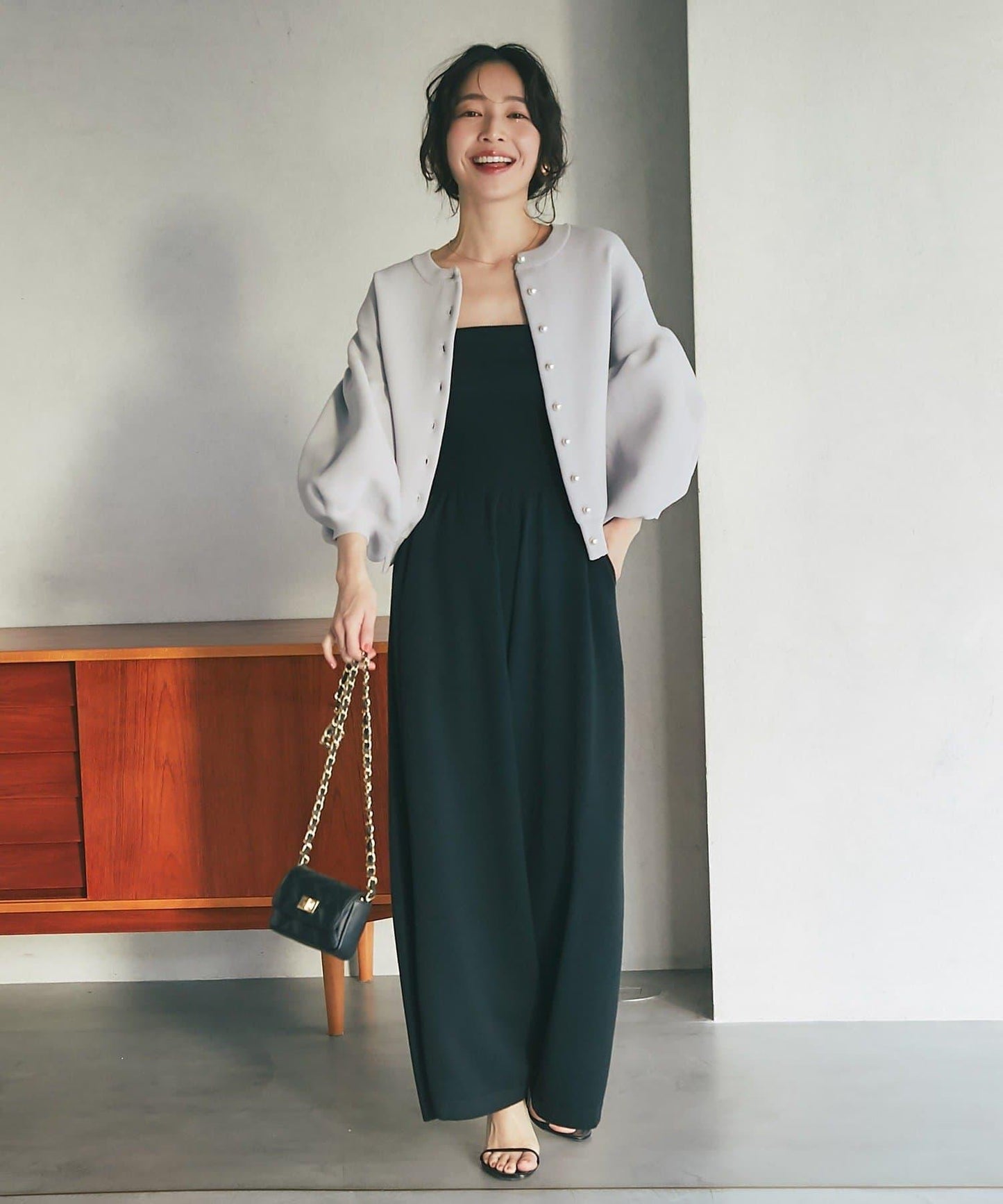 泡泡袖珍珠裝飾針織開衫