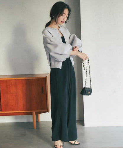 泡泡袖珍珠裝飾針織開衫