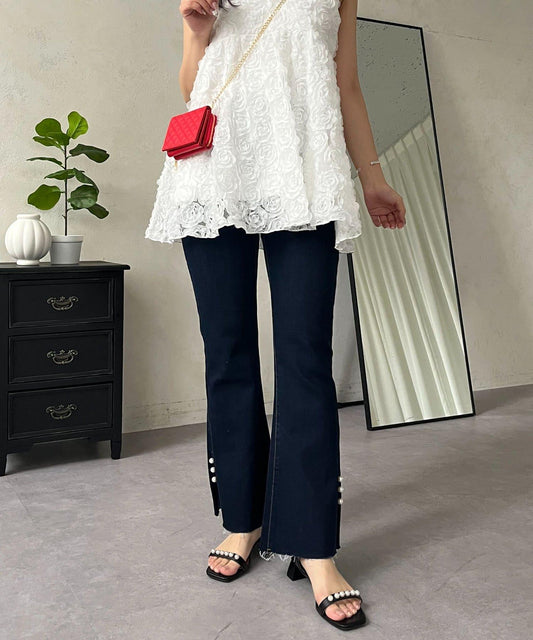 珍珠裝飾 喇叭版型 側開叉 牛仔面料 牛仔褲