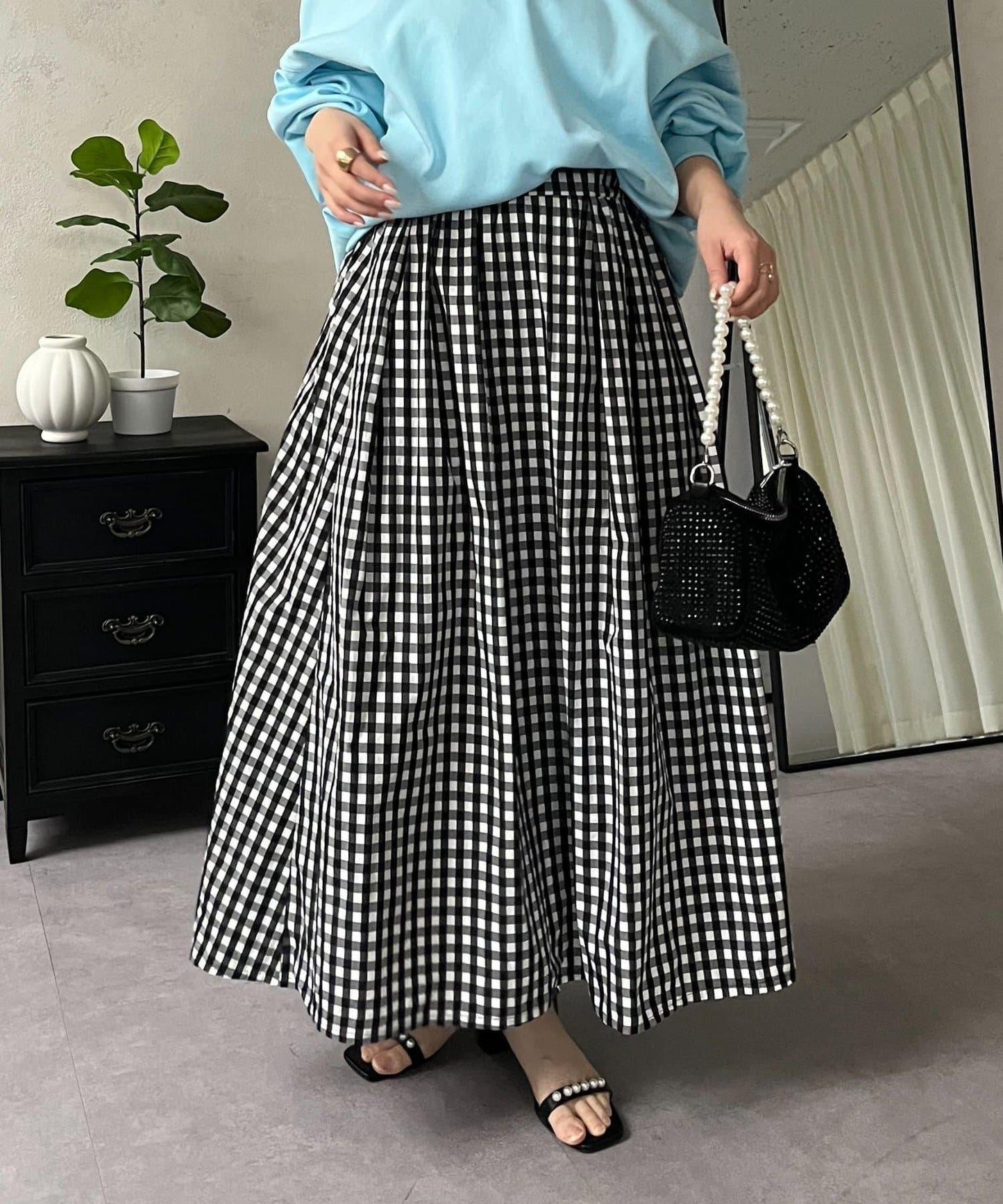 圓點格紋蓬鬆塔夫綢傘形半身裙