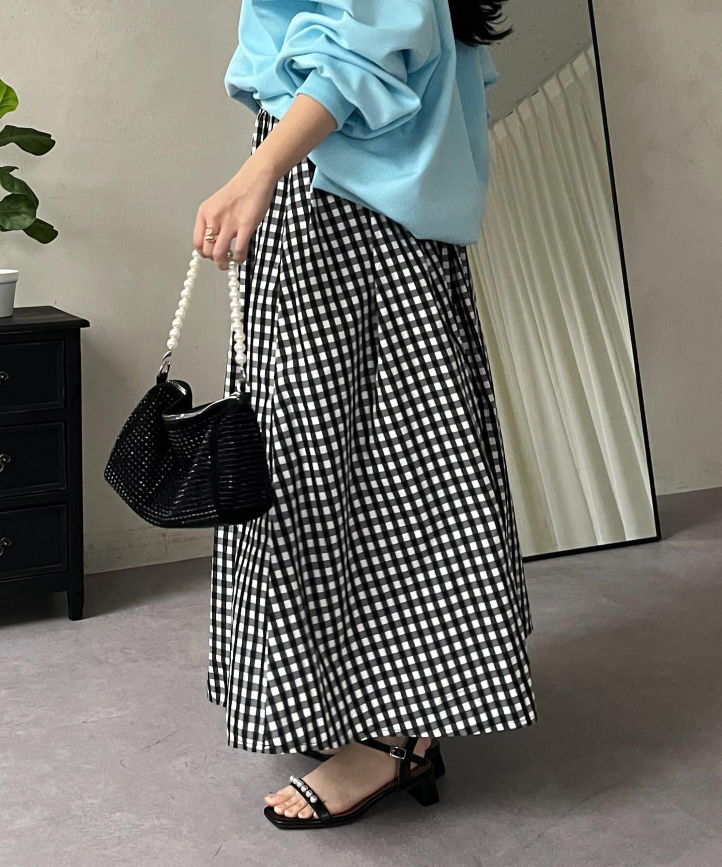 圓點格紋蓬鬆塔夫綢傘形半身裙