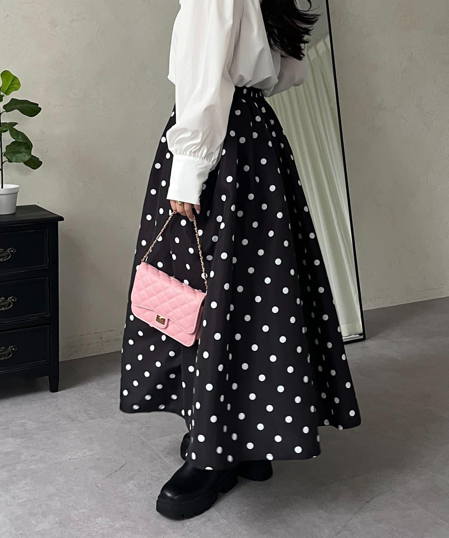 圓點格紋蓬鬆塔夫綢傘形半身裙