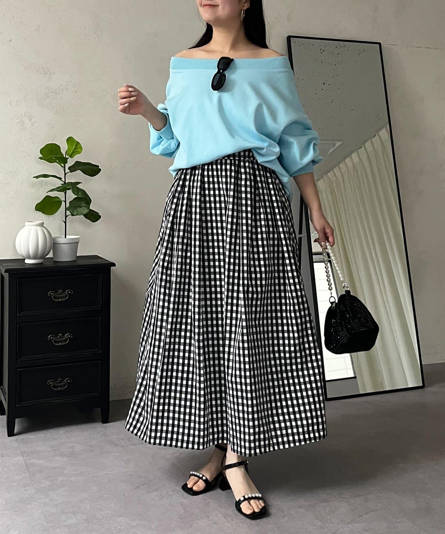 圓點格紋蓬鬆塔夫綢傘形半身裙