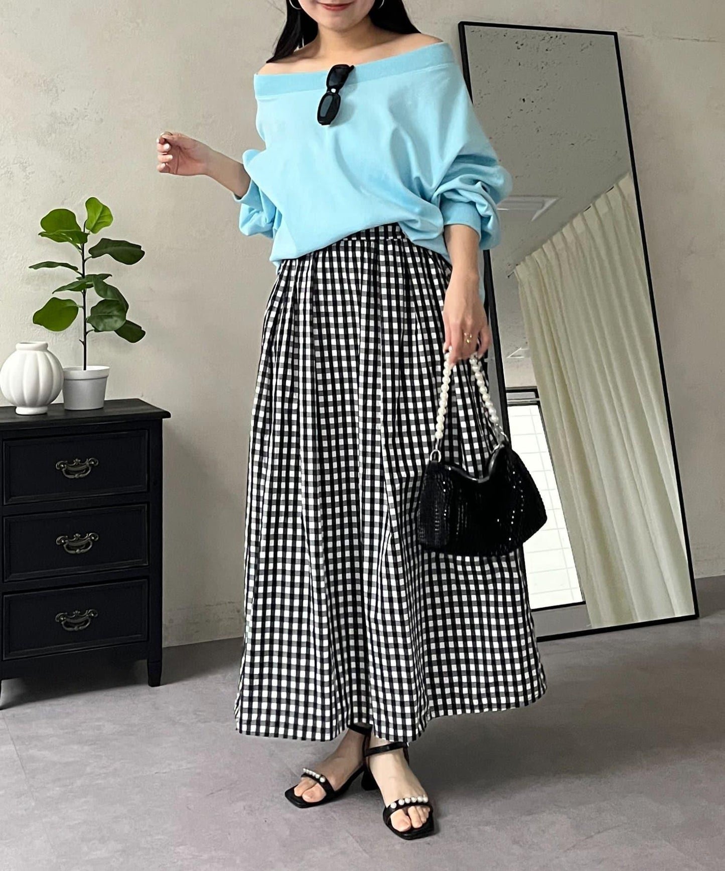 圓點格紋蓬鬆塔夫綢傘形半身裙