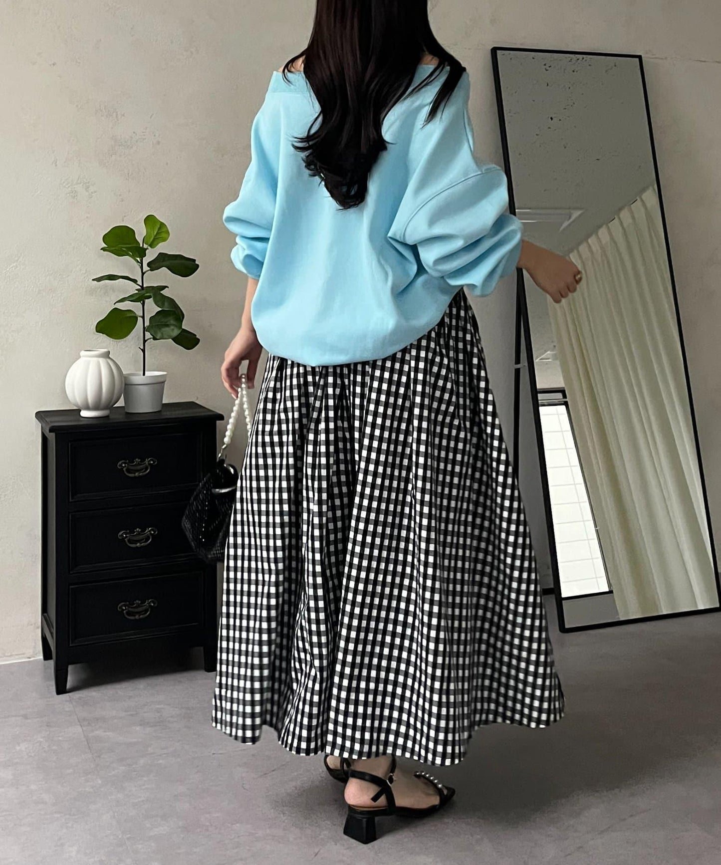 圓點格紋蓬鬆塔夫綢傘形半身裙