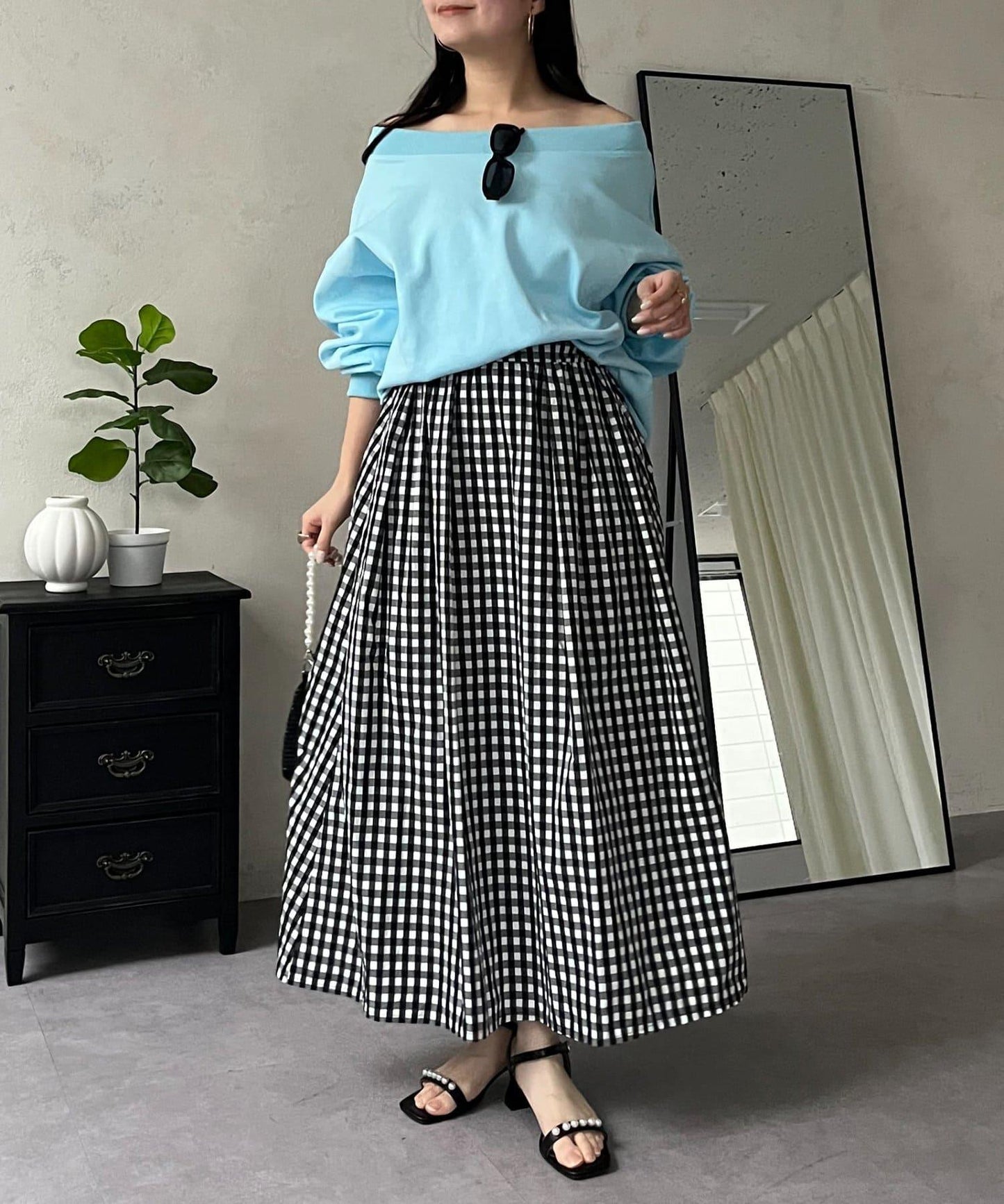 圓點格紋蓬鬆塔夫綢傘形半身裙