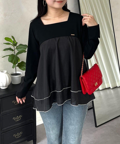 下襬撞色層疊設計 長袖T恤