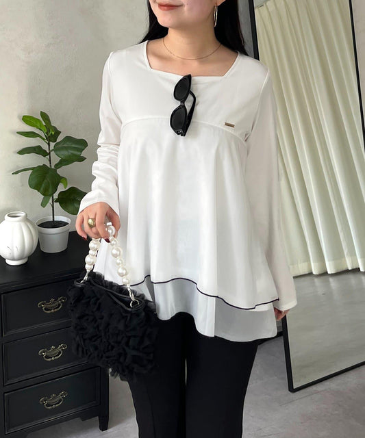 下襬撞色層疊設計 長袖T恤