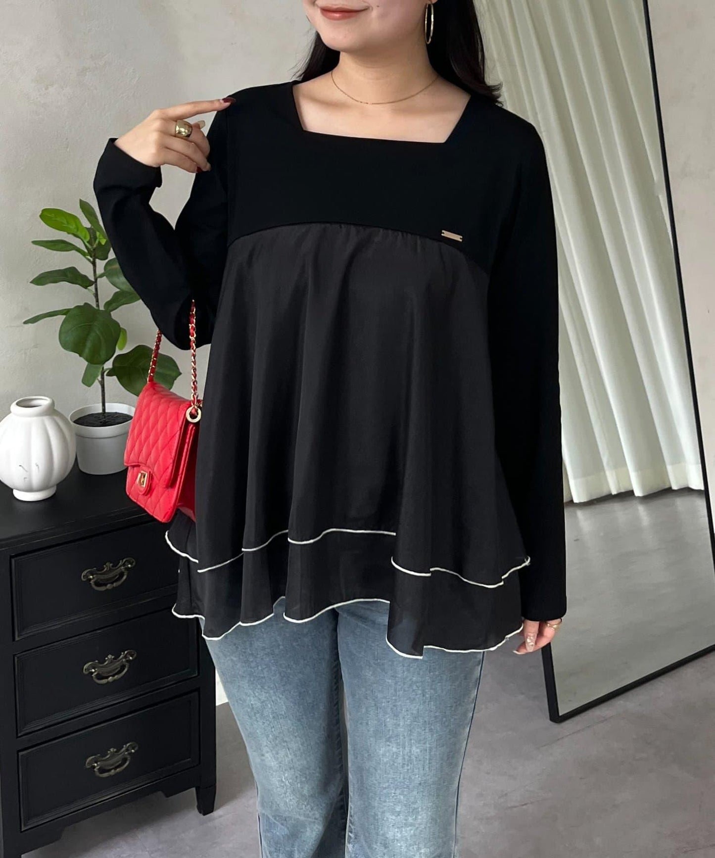 下襬撞色層疊設計 長袖T恤