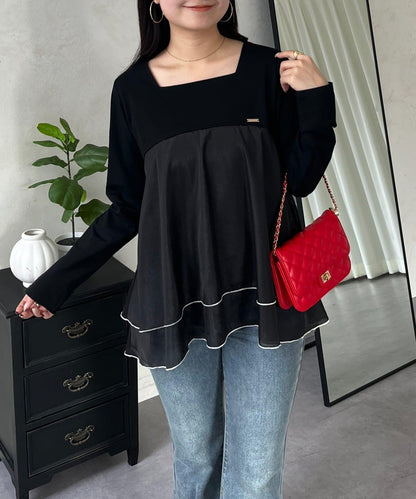 下襬撞色層疊設計 長袖T恤