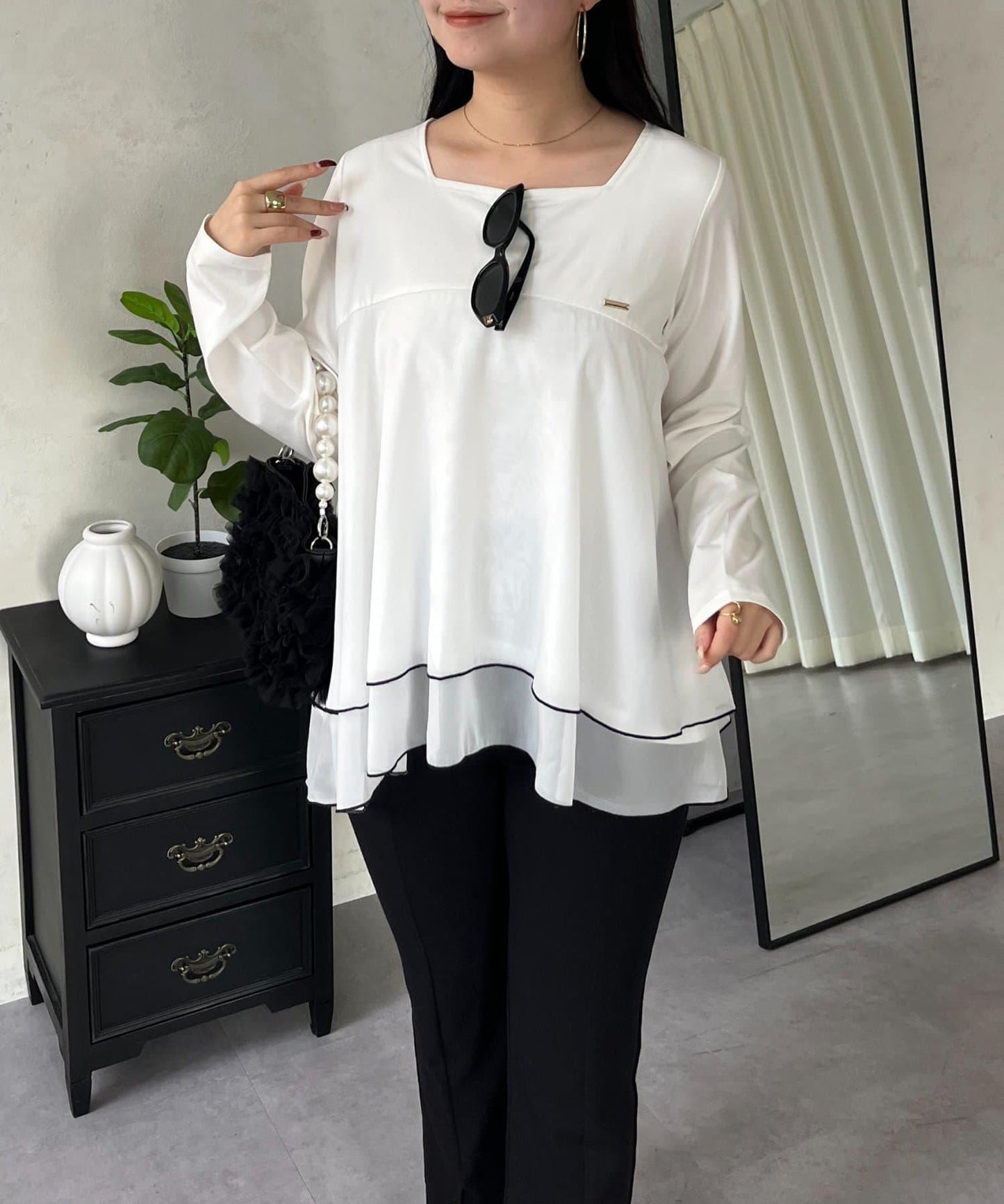 下襬撞色層疊設計 長袖T恤